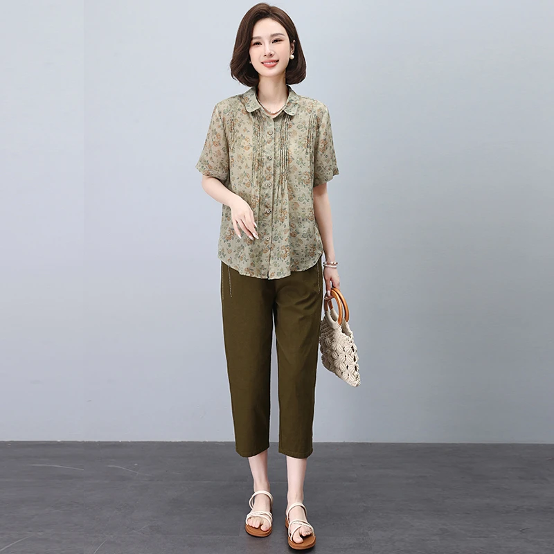 印花衬衫套装女2025年夏季新款时尚洋气减龄小个子妈妈装两件套女