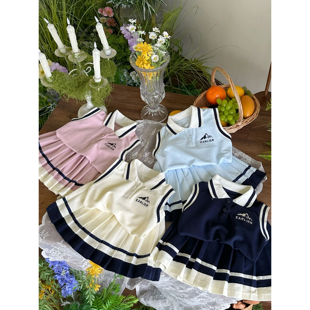 【橘子家】女童POLO领背心撞色百褶裙夏季新款学院风套装HS62475