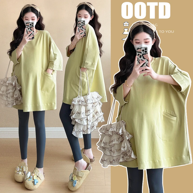 孕妇装春季新款宽松口袋T恤时尚休闲大码七分袖打底衫中长款上衣