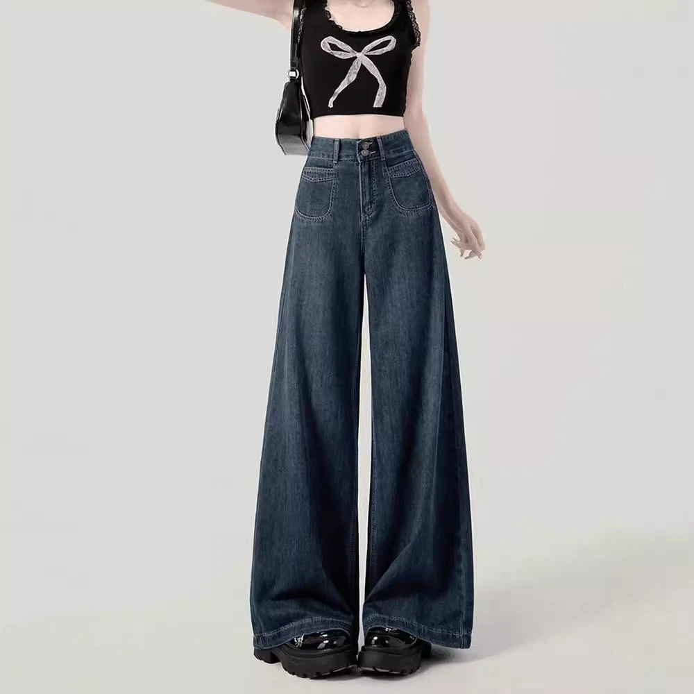 复古阔腿牛仔裤女秋季2025夏季新款宽松遮肉显瘦高腰直筒拖地裤薄
