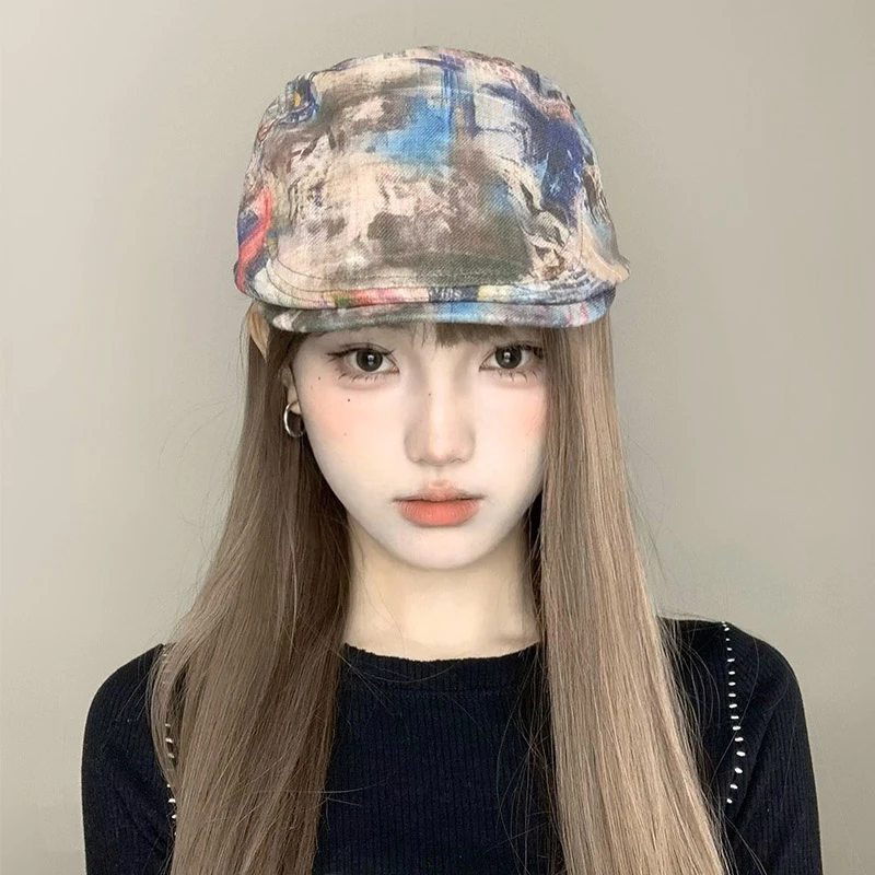 美式辣妹个性扎染前进帽女夏薄款设计修饰脸型贝雷帽小众报童帽子