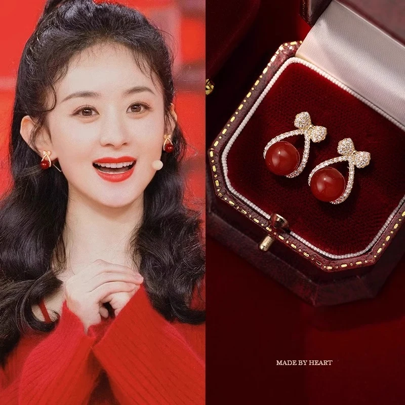 铜合金耳饰 新年酒红色蝴蝶结珠珠耳钉2025新款爆款耳饰过年耳环