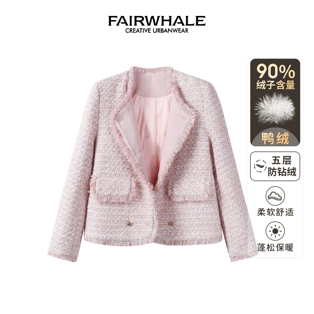 马克华菲女装2024秋冬90绒粗花呢小香风法式羽绒服外套保暖精致