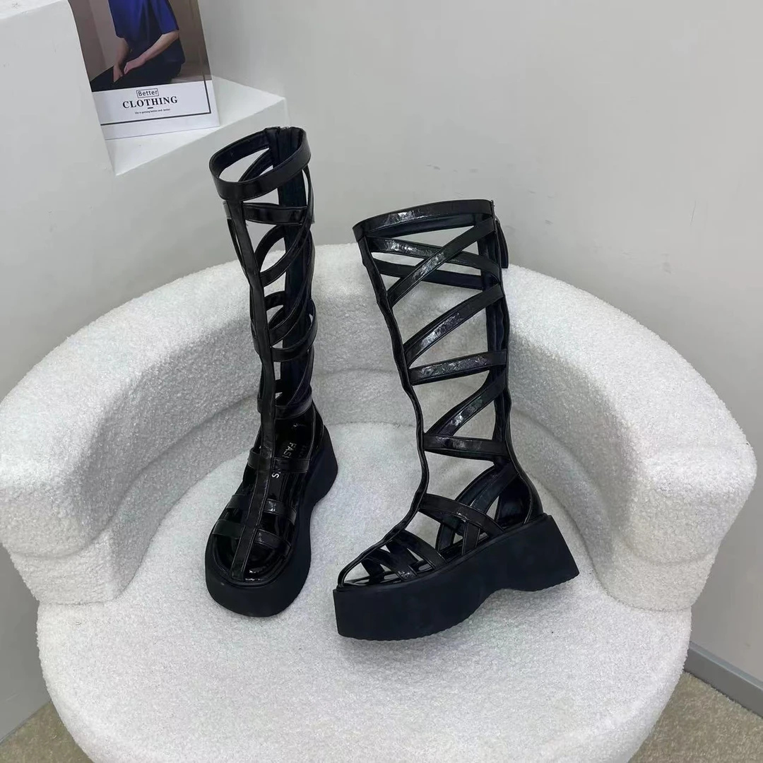 2025时尚女鞋镂空设计罗马高靴几何系列百搭夏季厚底高帮长筒