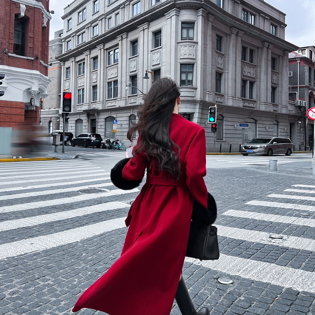 红色双面羊绒大衣女2025冬季新款韩系高端气质狐狸毛袖口毛呢外套