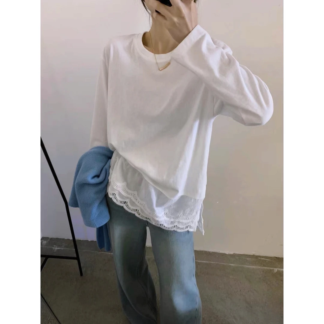 下摆花边圆领打底衫