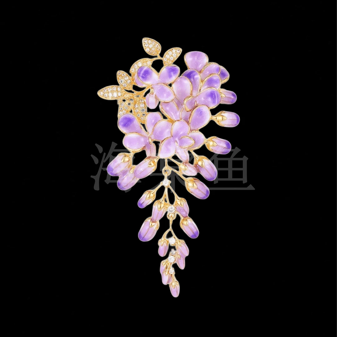 铜合金珐琅胸针 时尚气质百搭高定设计师珐琅【紫藤花】胸针6261