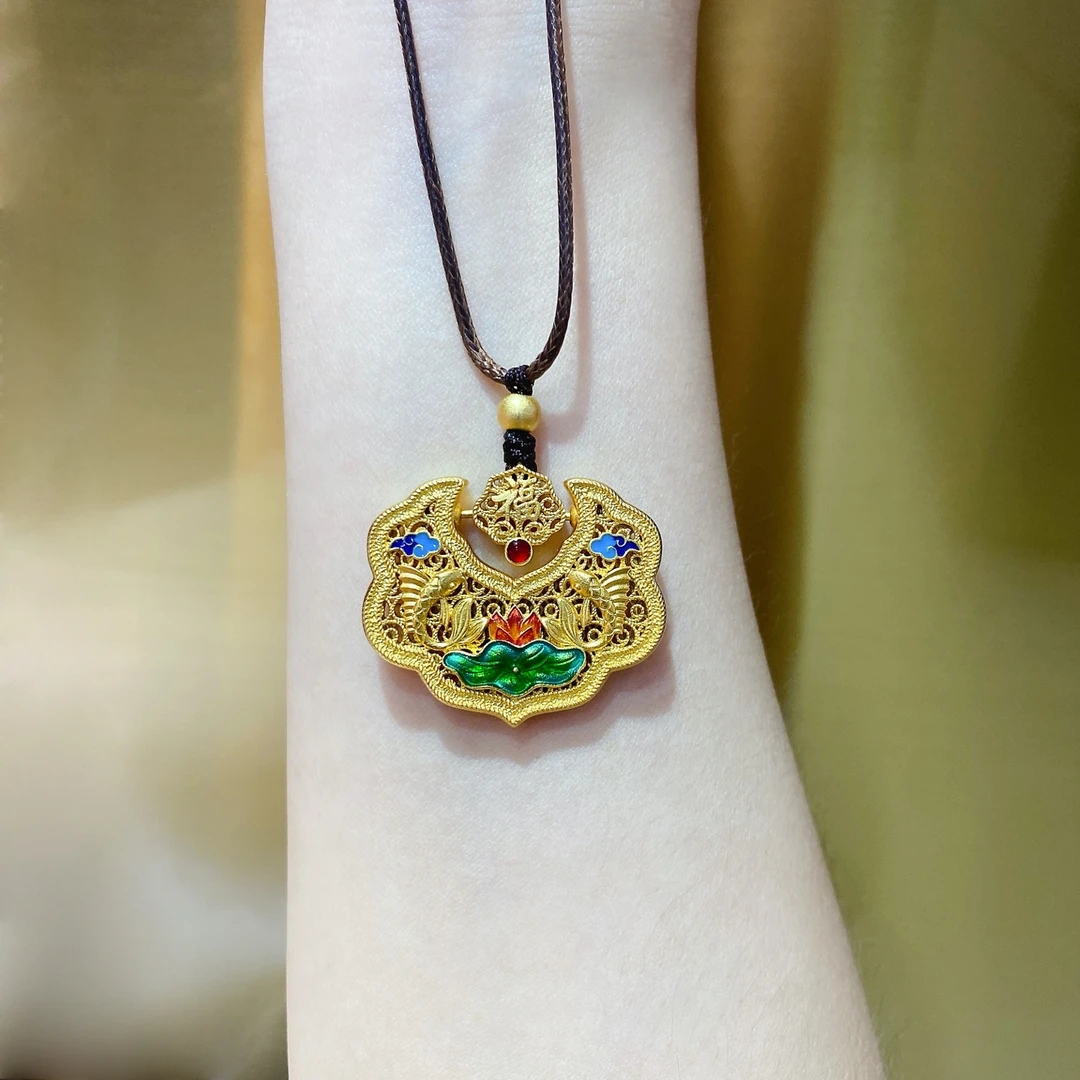 吊坠足银 999纯银锁项链女款珐琅彩描金花丝双鱼戏莲套链国风个性