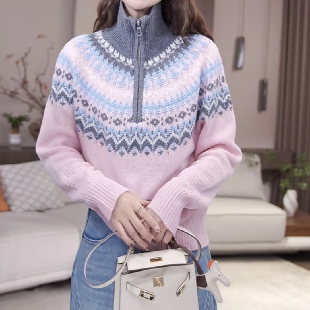 费尔岛半拉链立领针织衫2025秋冬新款复古提花慵懒风时尚减龄毛衣