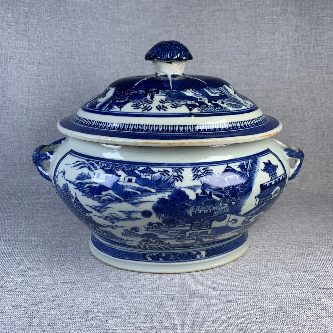 清代青花山水楼阁品锅古瓷器真品国营镇江市文物商店库出5128247