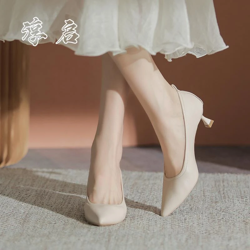 淳启高跟鞋夏季裸色小跟鞋细跟尖头软底法式温柔配裙子鞋低跟单鞋