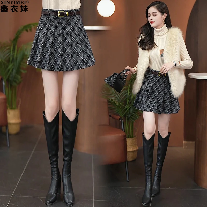 百褶裙格子毛呢半身裙女秋冬新款2025包臀蓬蓬a字伞裙显瘦短裙子