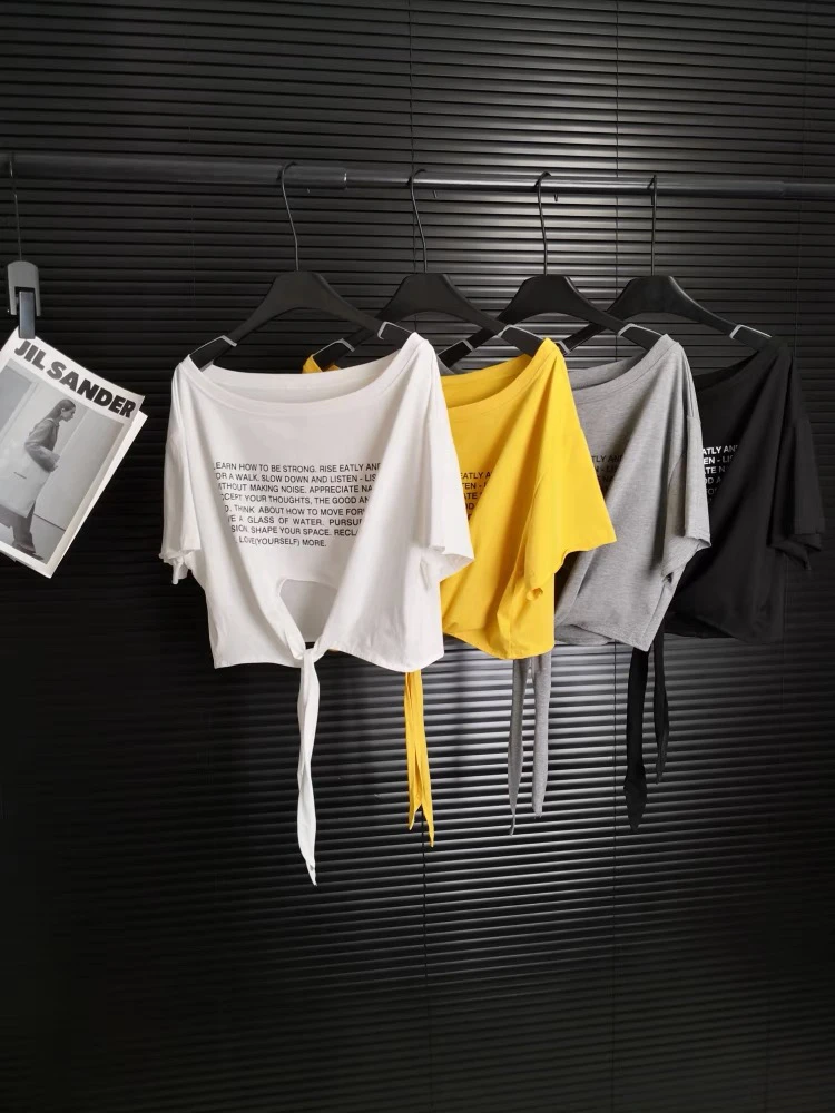 辣妹一字领短款绑带露脐短袖T恤女夏季新款宽松字母印花上衣