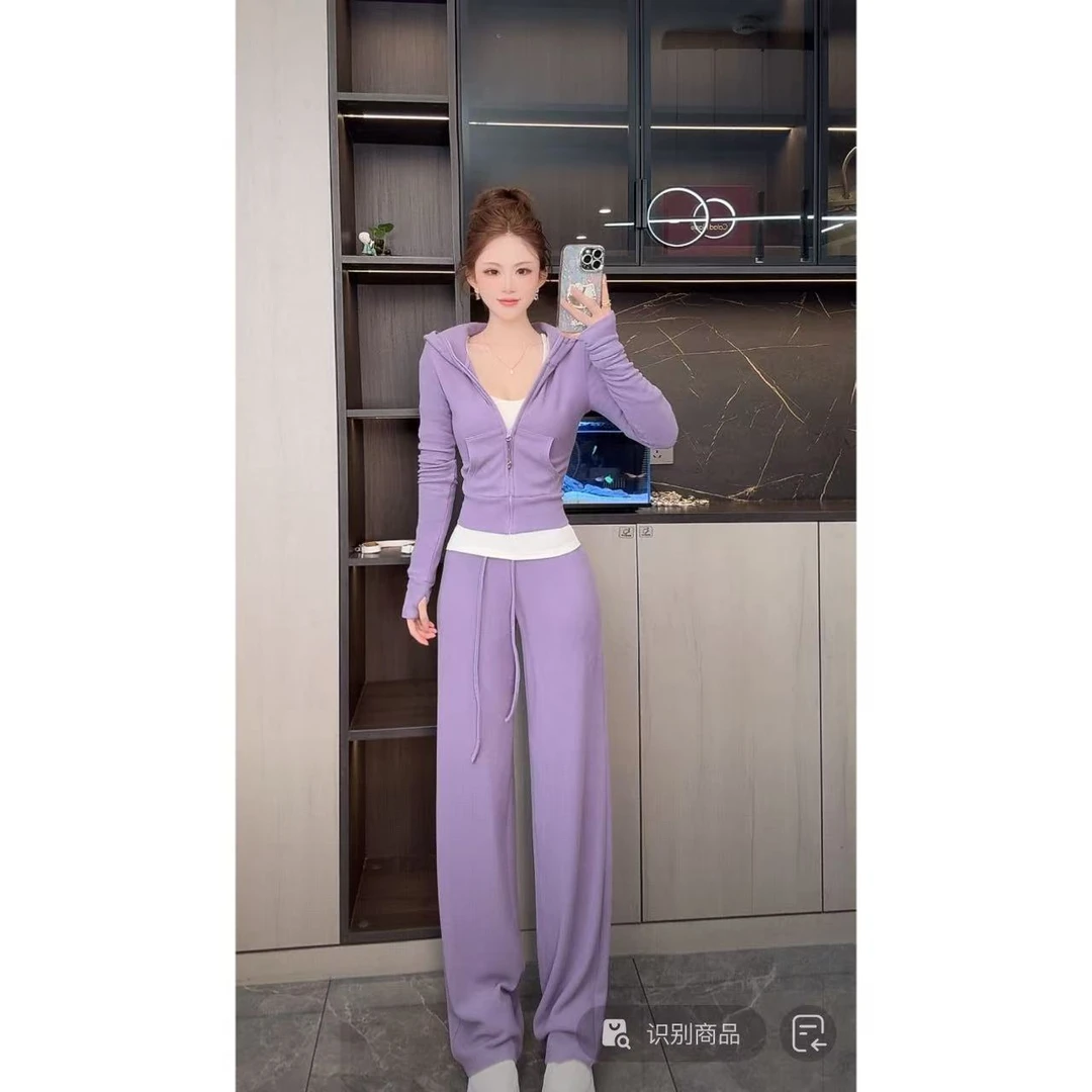 曼曼【韩女LU感】韩系休闲拉链连帽外套+阔腿裤两件套装3817#