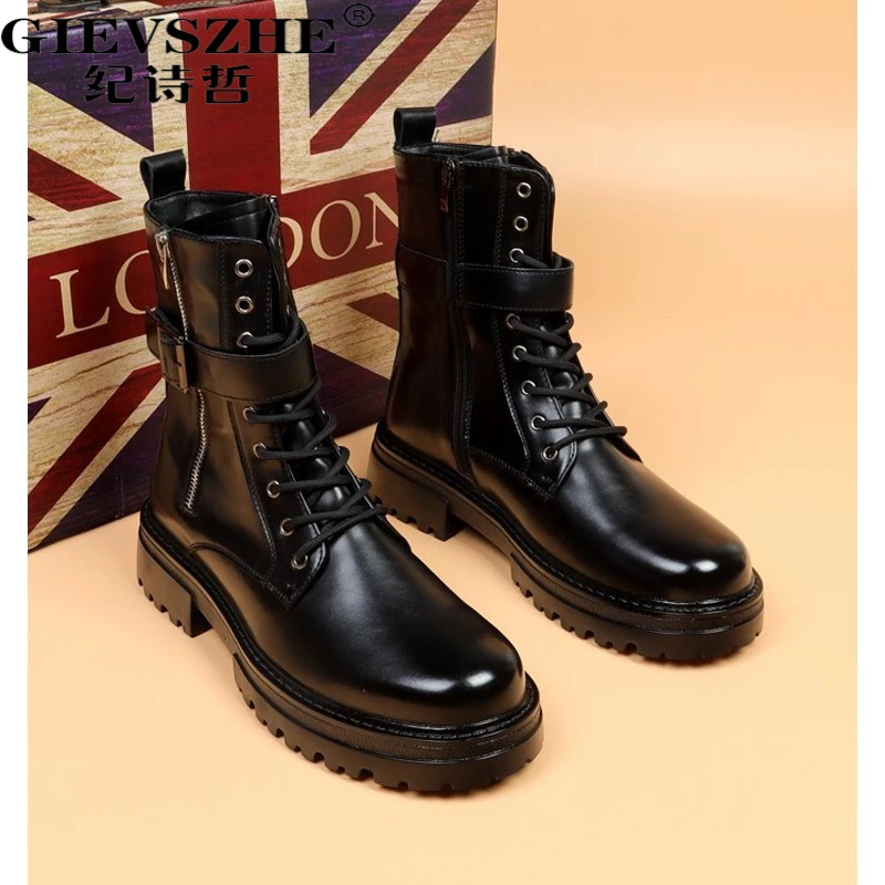 纪诗哲男士马丁靴秋冬新款皮靴高端秋季男士增高真皮马丁靴厚底
