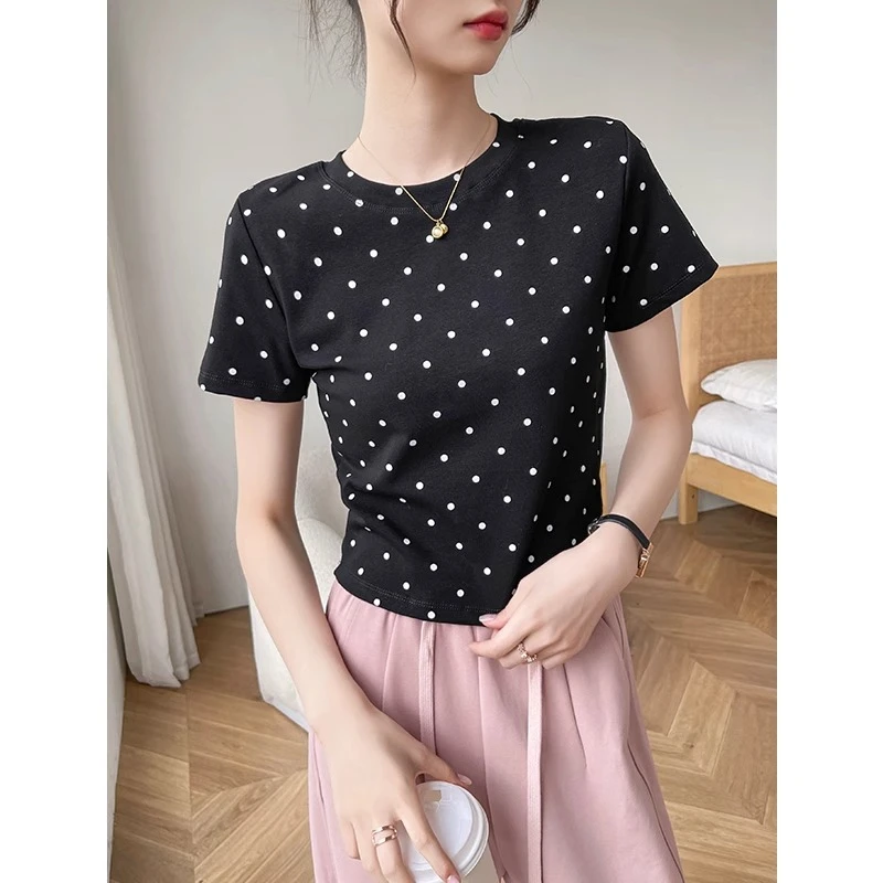 黑色波点圆领短袖t恤女春装2025新款修身打底衫正肩短款内搭上衣