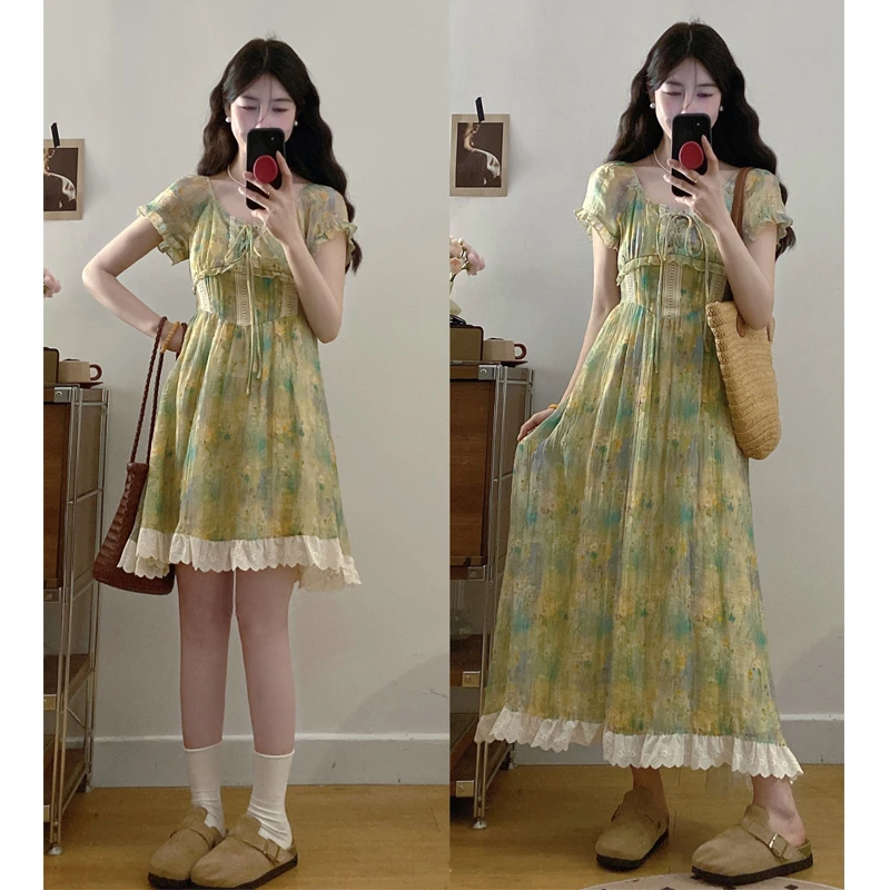 大码【奇幻花园】夏季甜美初恋裙蕾丝拼接油画晕染雪纺碎花连衣裙仙