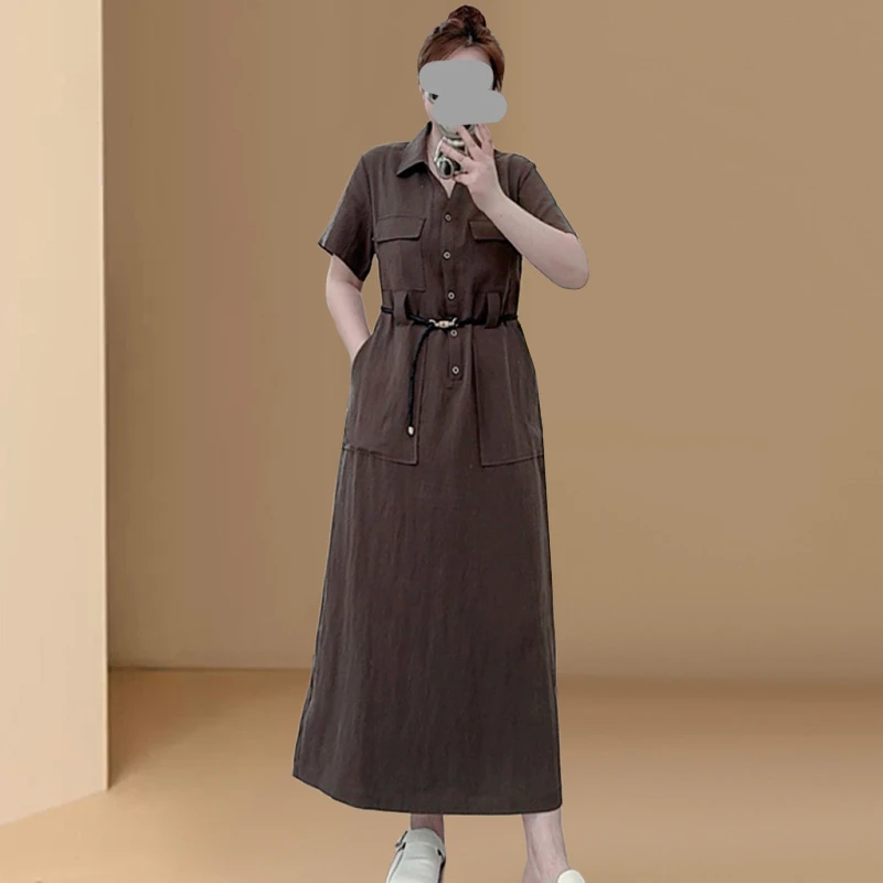 设计感小众收腰遮肉休闲裙子大码胖mm显瘦收腰复古工装连衣裙夏季