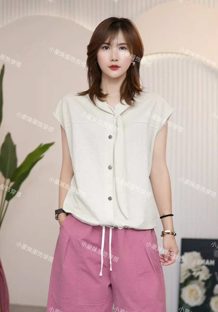2025年夏季新款飘带围巾开衫百搭显瘦时尚纽扣下摆抽绳上衣女潮