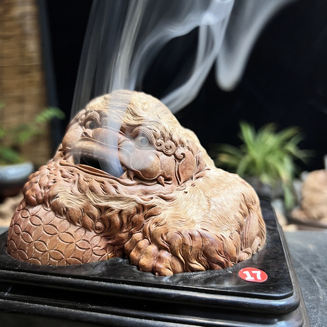 荔枝木瘤疤巧雕狻猊狮子香炉茶室雕刻摆件有求必应