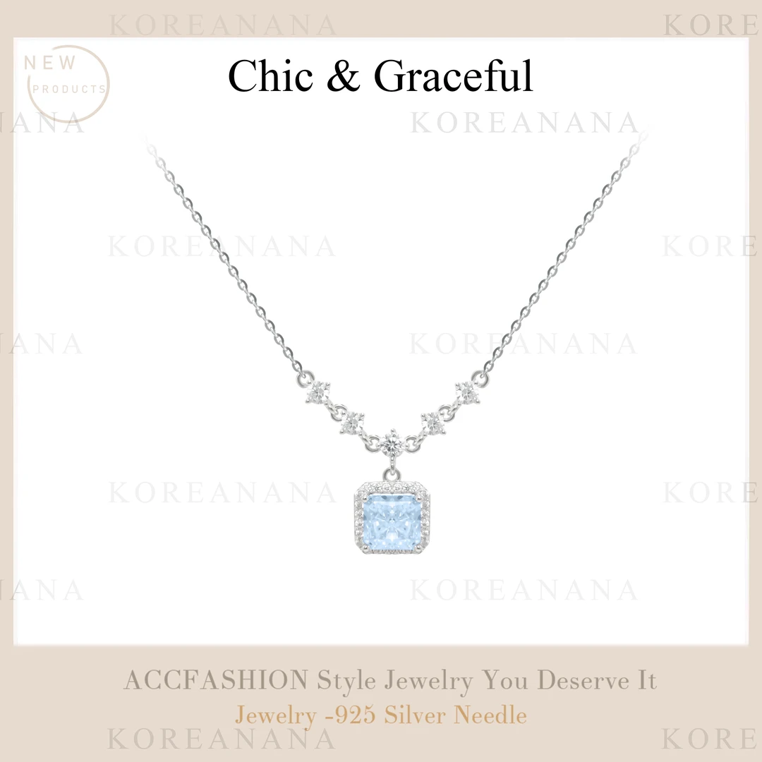 坠链均925银合成锆石 「冰花切版！闪耀蓝铃」轻奢简约方糖项链E172