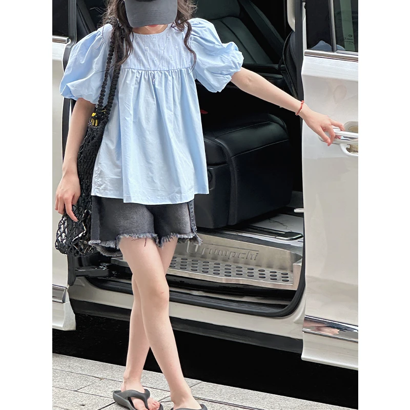 K28902镂空女童短袖T恤2025新款夏装儿童泡泡袖上衣休闲女孩衣服t
