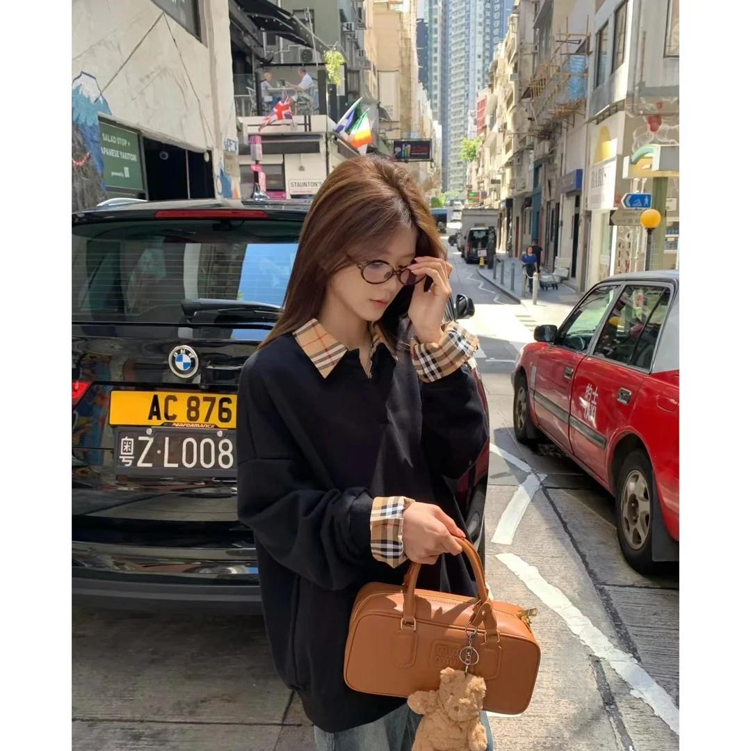 学院风设计美式两件格子拼接卫衣2024新款百搭秋季复古宽松上衣