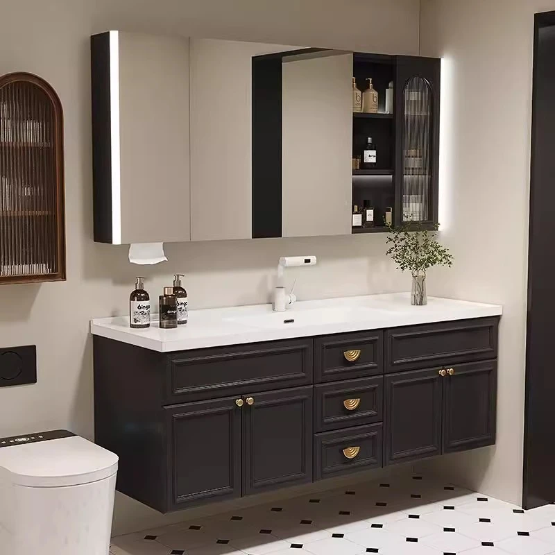 美式法式浴室柜陶瓷一体盆黑色岩板双盆大尺寸卫生间洗漱台洗脸池