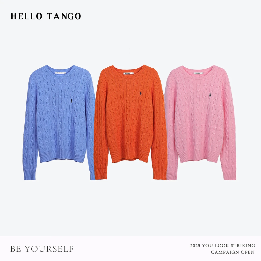 HELLOTANGO《秋日回忆》秋冬净色绞花纹兔绒混纺圆领套头毛衣8335#