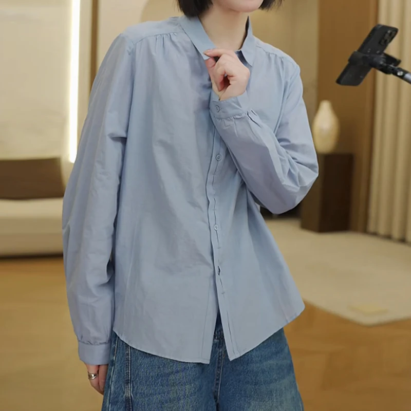 韩版极简中性风通勤百搭纯色POLO领衬衫早秋新款显气质遮肉上衣潮