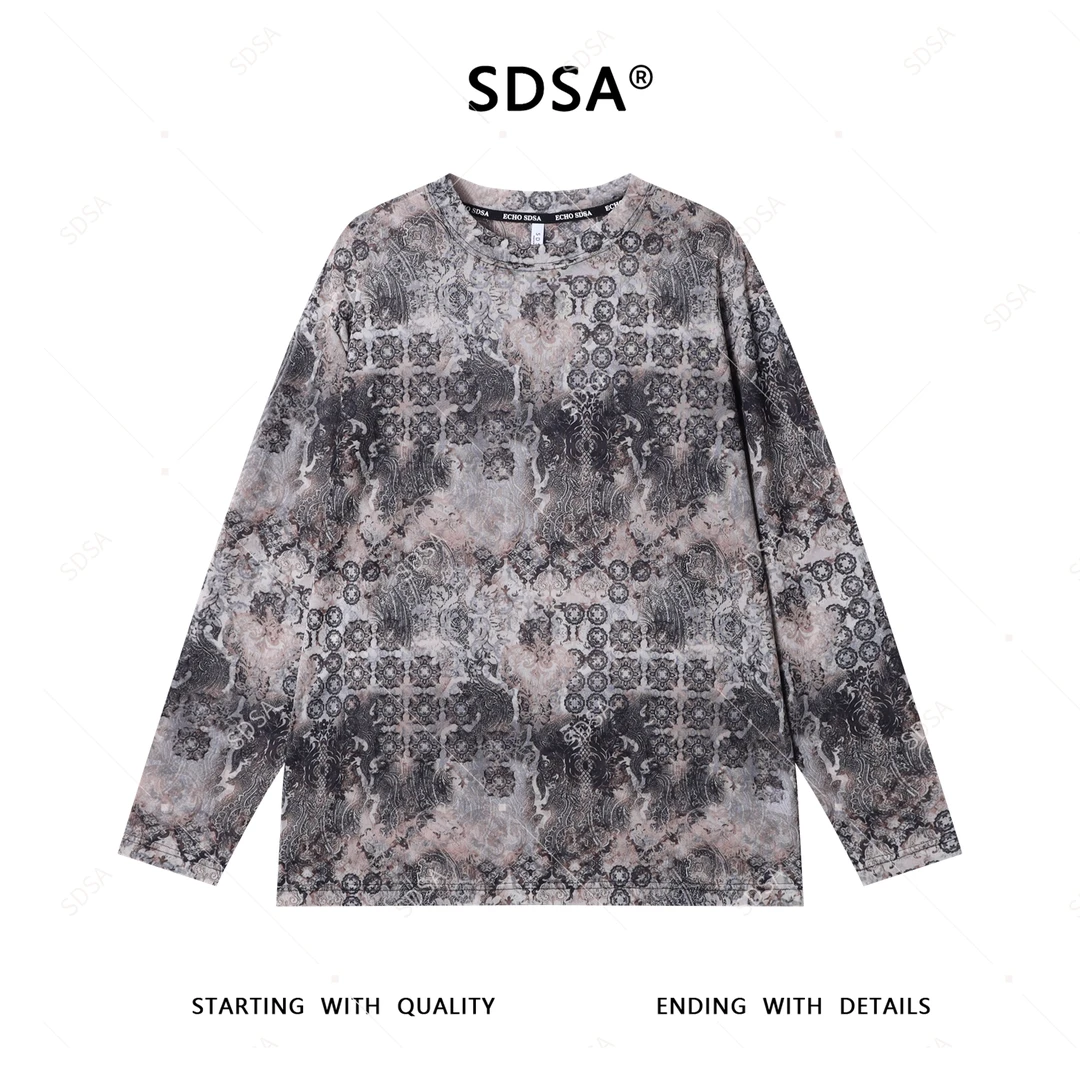 SDSA夏季新款男士痞帅潮牌做旧图案设计圆领长袖T恤百搭舒适上衣