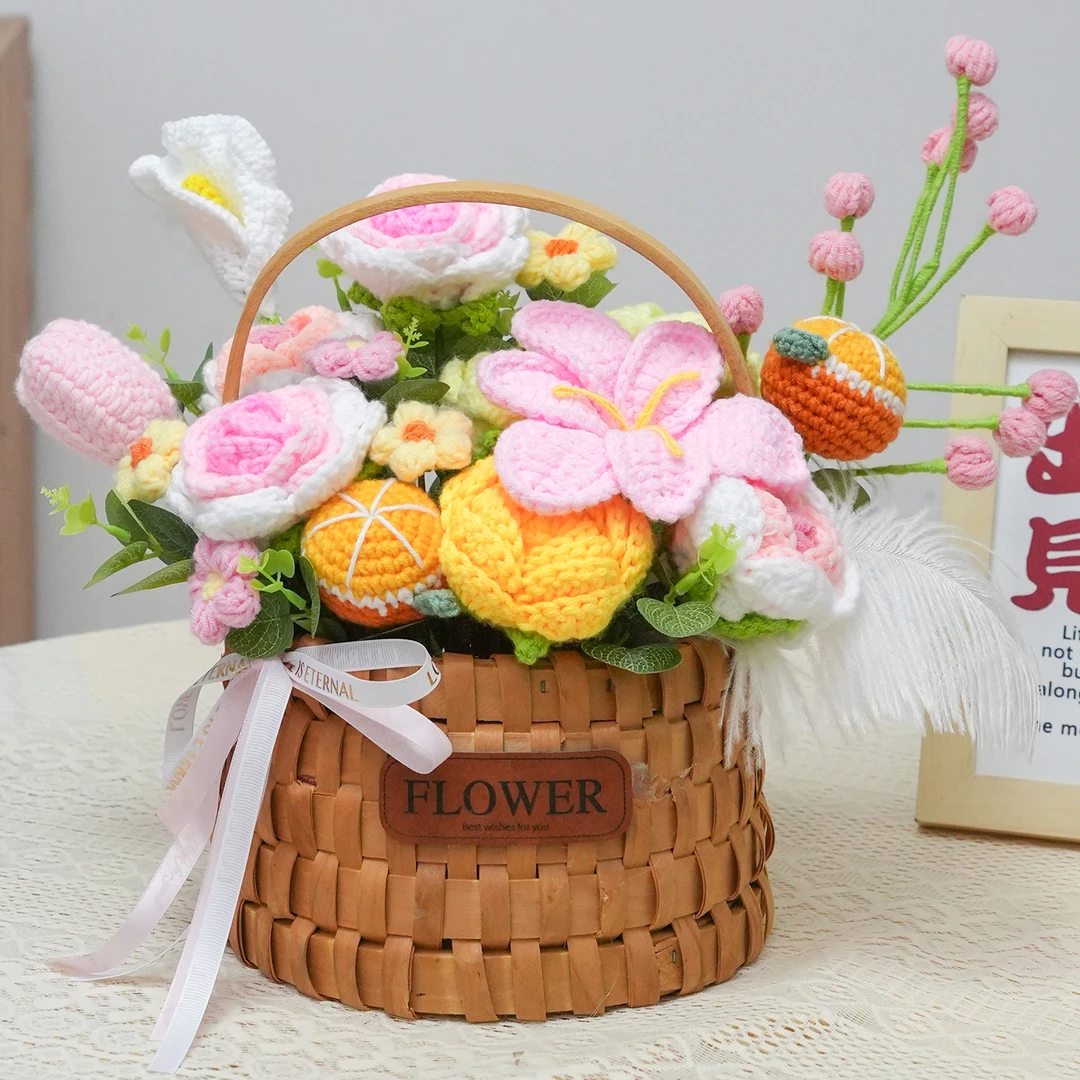 手提针织花篮摆件钩织郁金香玫瑰毛线花束生日毛线手工花束成品