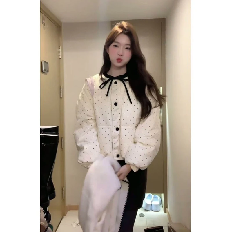 韩版蝴蝶结系带波点棉服女2025冬季新款甜美风加厚防寒设计感棉袄