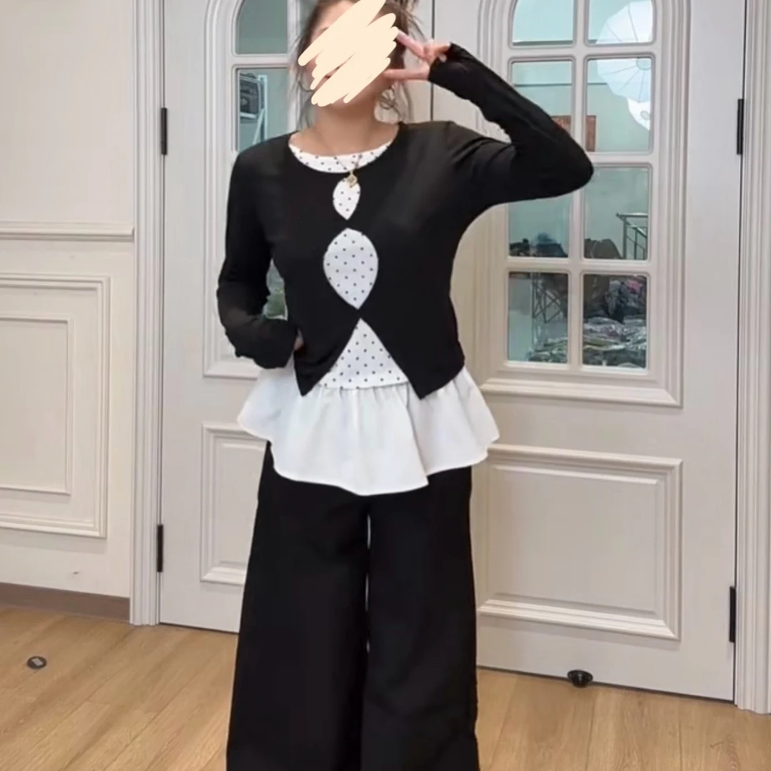 99817#大码秋季新款镂空假两件打底衫搭配花边屁帘阔腿裤