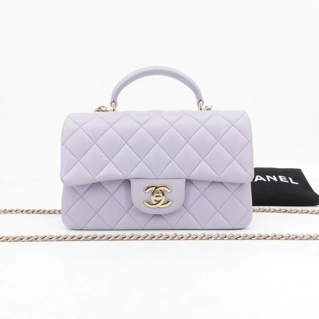 95新 Chanel/香奈儿 cf手柄大mini紫色金扣羊皮芯片款/19130532