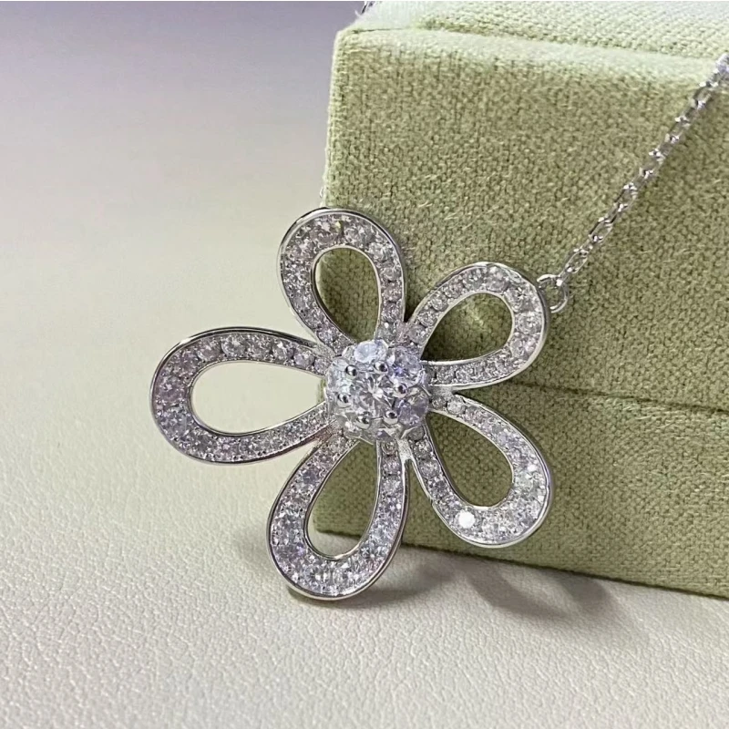 坠链均925银 精工满钻高定大版格桑花大花项链