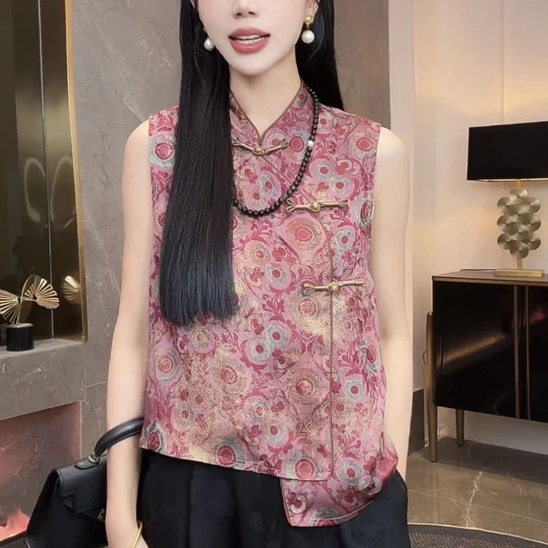 新中式无袖马甲新中式女装2025夏季薄款提花数码印花时尚女装