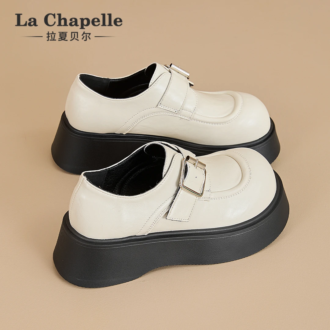拉夏贝尔春季新款英伦风小皮鞋JK女厚底增高一脚蹬时尚百搭乐福鞋
