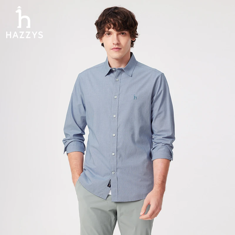 Hazzys哈吉斯春季男士长袖衬衫商务休闲纯色衬衣男