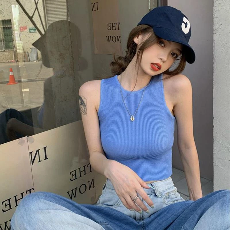 蓝色弹力内外穿吊带背心女2025新款修身显瘦短款打底无袖T恤上衣