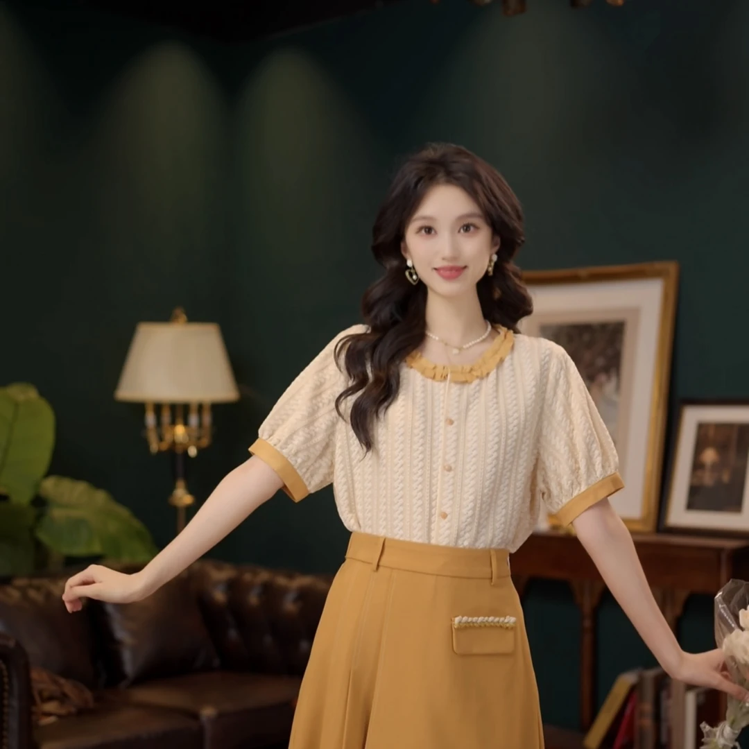 琦琦【里约书屋】甜美休闲百搭小众短袖女夏季上衣YF1102676