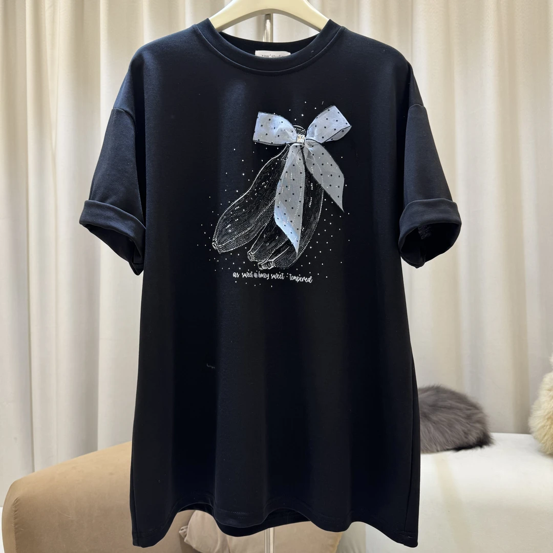 zaw大码女装蝴蝶结正肩t恤女短袖胖mm炸街遮肚上衣遮肉显瘦/25041