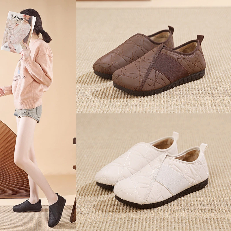 一脚蹬加绒棉鞋防滑轻便软底妈妈鞋2025秋冬平底舒适雪地靴女鞋