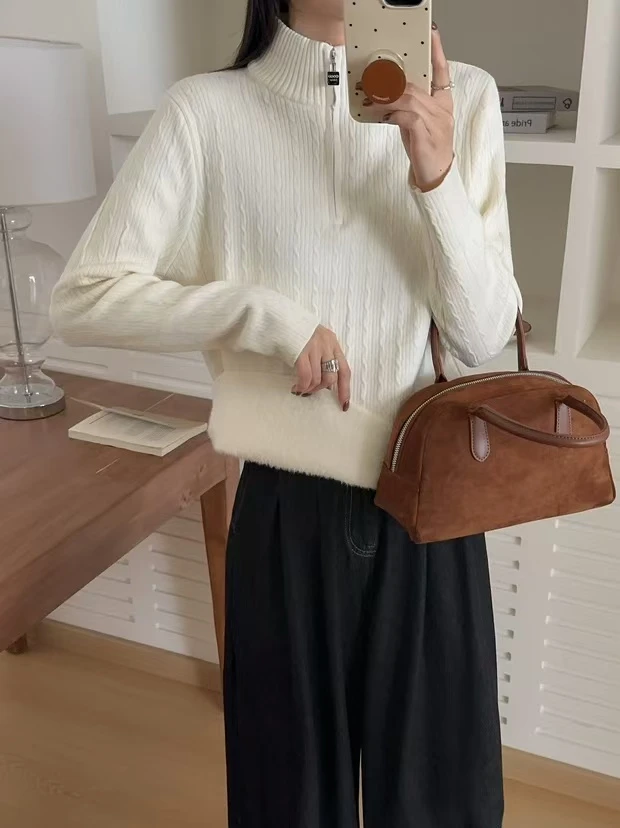 针织衫网红高领毛拉链立领半高领保暖翻领毛针织衫长袖