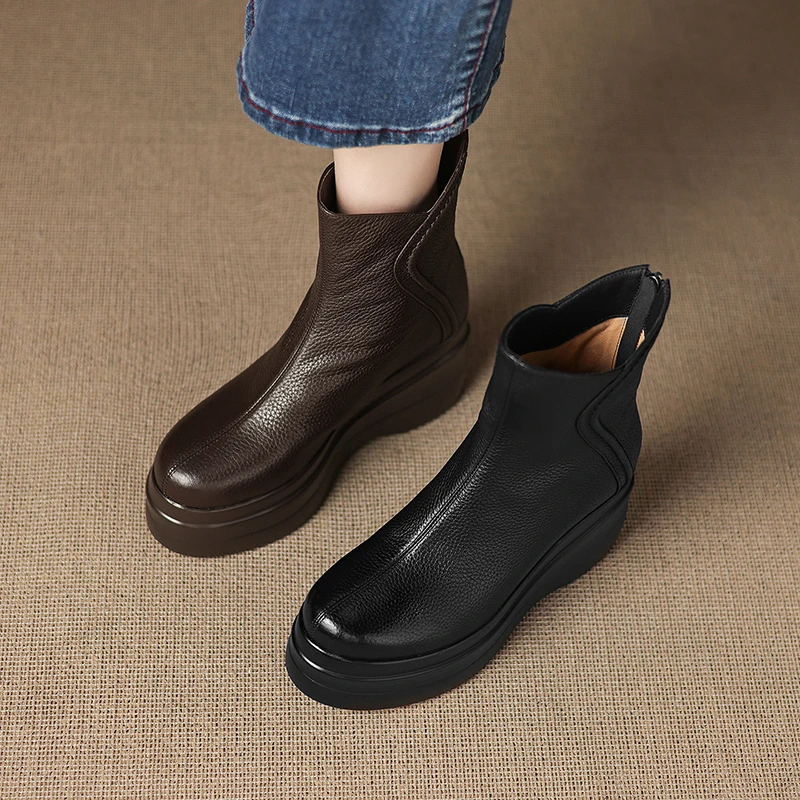 8.5cm真皮厚底显瘦短靴女小个子复古松糕靴子圆头休闲高跟女靴