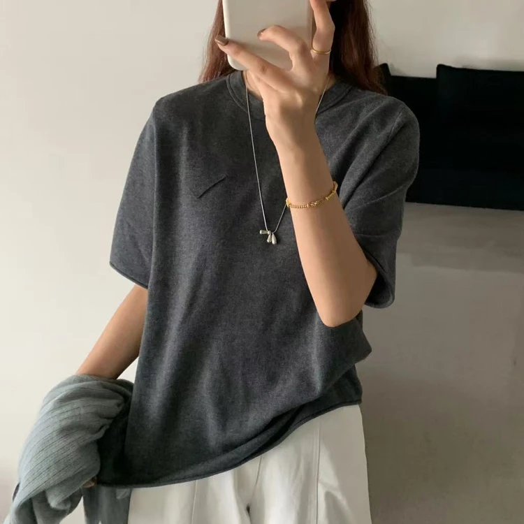 top.yuelan约澜5369羊*毛衫女2025秋短袖圆领宽松打底针织毛衣T恤