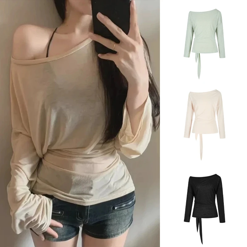 Moses Queen/魔西女王纯欲设计感斜肩绑带罩衫上衣防晒薄款长袖