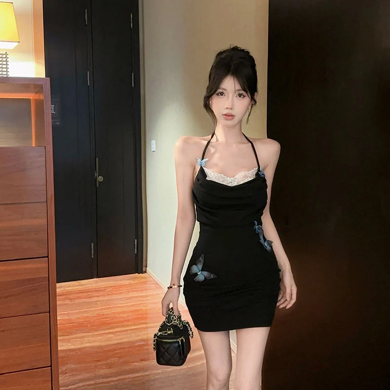 夏季新款纯欲立体蝴蝶蕾丝拼接荡领假两件挂脖连衣裙修身包臂短裙