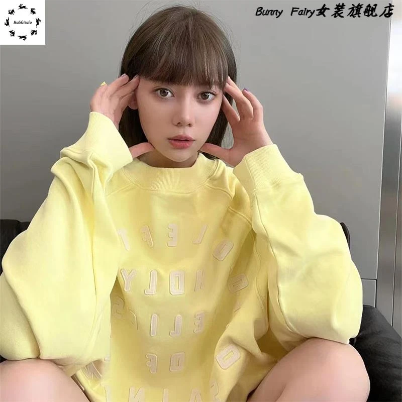 秋冬美式宽松大码运动衫女士流行时尚绣花茶破圆领上衣