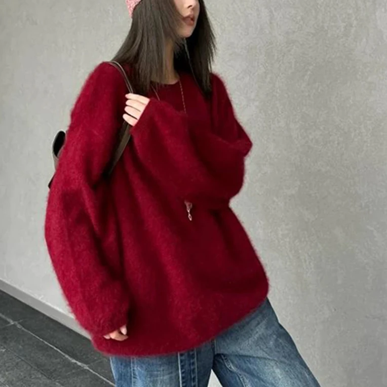 宽松拉绒圆领羊毛针织打底衫洋气百搭秋冬女装